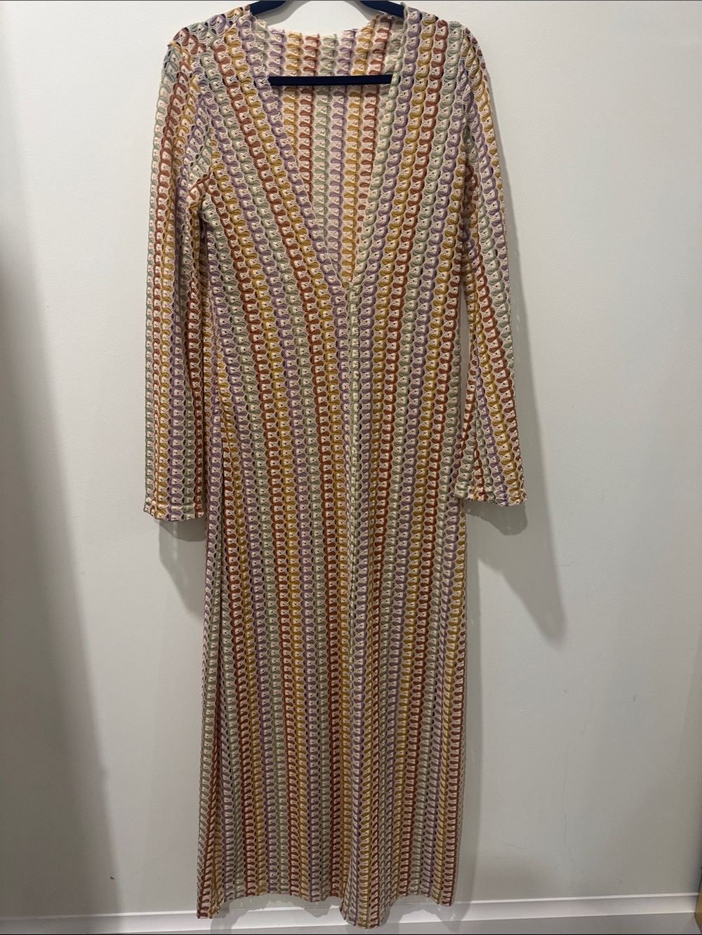 Long V-Neck Multicolor Knit Dress - Cream, Pink & Gold